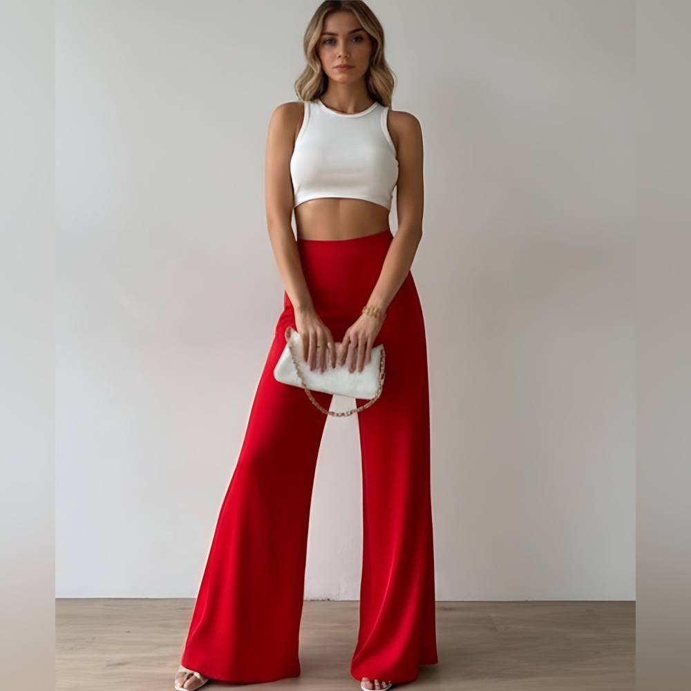 Red High Waist Wide Leg Pants